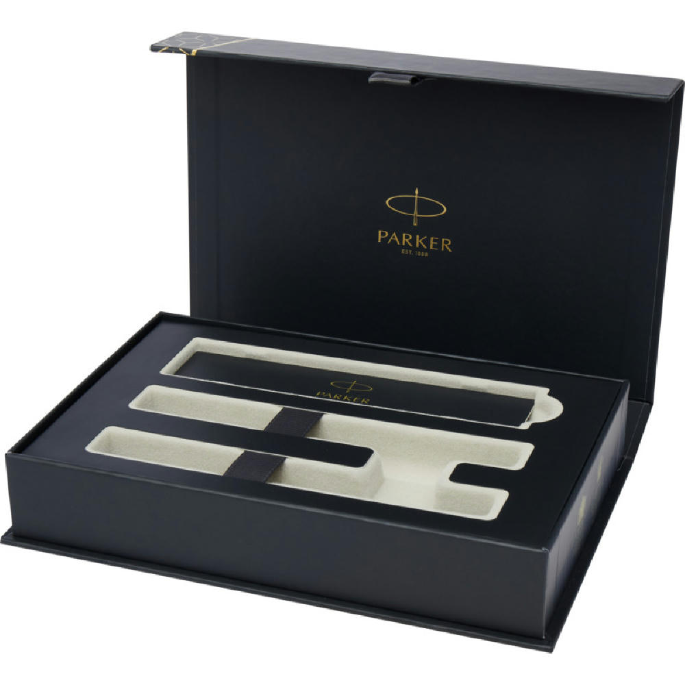 Product image Parker IM achromatisches Kugelschreiber und Tintenroller Set mit Präsentbox (schwarze/blaue Mine) Werbeartikel