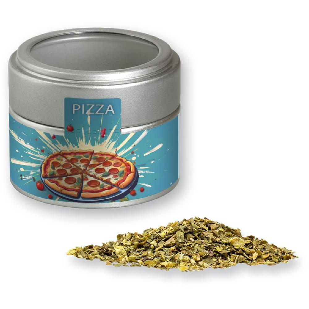 Product image Gewürzmischung Pizza-Kräuter, ca. 16g, Metalldose Mini mit Sichtfenster silber Werbeartikel