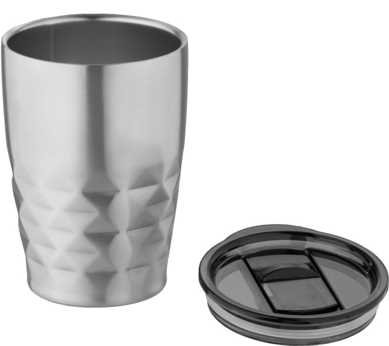 Geo Edelstahl Thermobecher 350 ml offen mit Deckel daneben – auslaufsicherer Werbeartikel für Kaffee und unterwegs