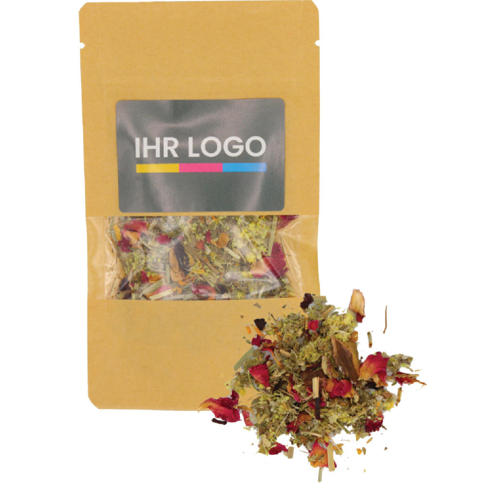 Product image Kräuter Tee verpackt im Doypack Beutel klein Natur Werbeartikel