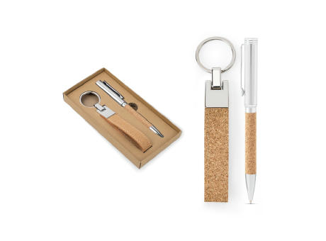 EVANS. Set bestehend aus einem Kugelschreiber und einem Schlüsselanhänger, beide aus Metall und Kork bedrucken