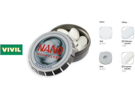 Klick-Dose-57, blank 20 g, Inhalt: Kaugummi Dragees zuckerfrei (Dose) Werbeartikel