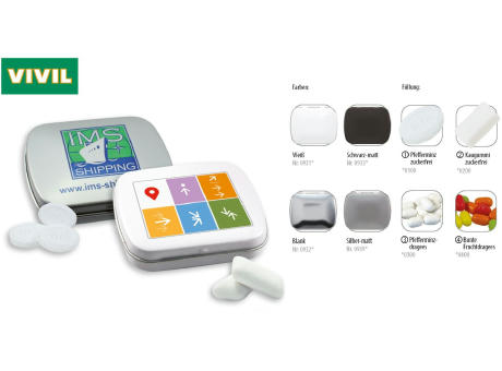 Klapp-Dose-59, blank 20 g, Inhalt: Bunte Fruchtdragees gemischt (Dose) Werbeartikel