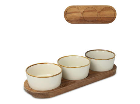 InSideOut Holzständer mit 3 runden Keramikschalen Werbeartikel