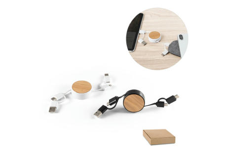 RUBINS. 6-in-1-USB-Kabel ausziehbar aus Recyceltes ABS (100% rABS) und Bambus Werbeartikel