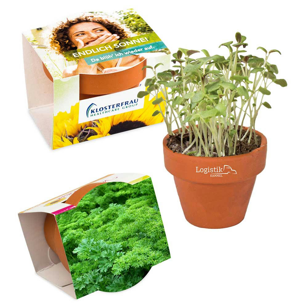 Product image Logo-Töpfchen Komplettbanderole mit Samen - Petersilie Werbeartikel