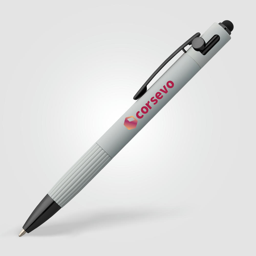 Saga Kugelschreiber mit Druckmechanismus und Stylus aus recyceltem Aluminium Werbeartikel