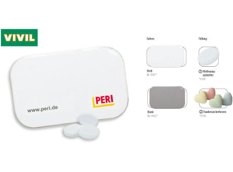 Klapp-Dose-96, blank 60 g, Inhalt: VIVIL Extra Strong, zuckerfrei (Dose) Werbeartikel