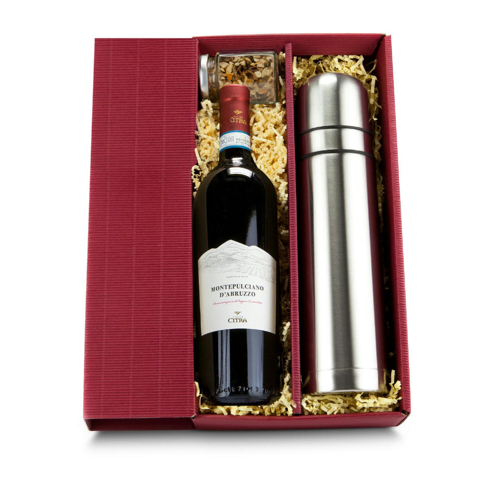 Geschenkset Heißer Glühwein für Zwei im Präsentkarton, mit Montepulciano D'Abruzzo Rotwein, Glühweingewürz und ROMINOX Isolierkanne