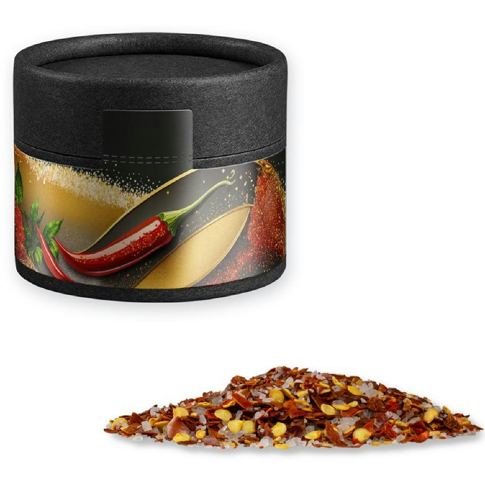 Gewürzmischung Chili-Salz, ca. 30g, Kraftpapierdose Mini schwarz Werbeartikel