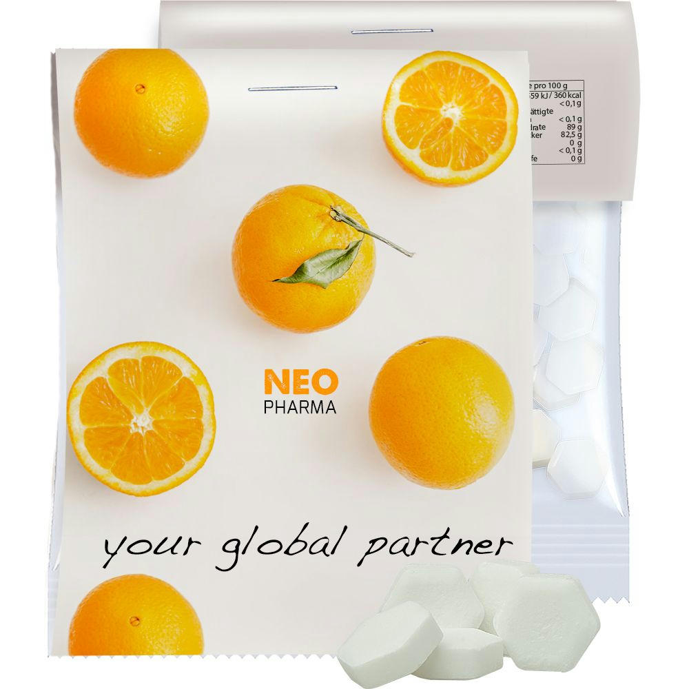 Product image Traubenzucker Orange Drops, ca. 15g, Express Midi-Tüte mit Werbereiter Werbeartikel