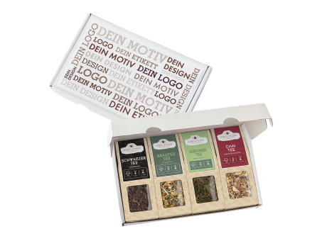 Geschenkkarton mit 4 Tee Spezialitäten Werbeartikel