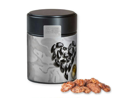Product image Feuergebrannte Mandeln, ca. 100g, Metalldose Midi schwarz bedrucken
