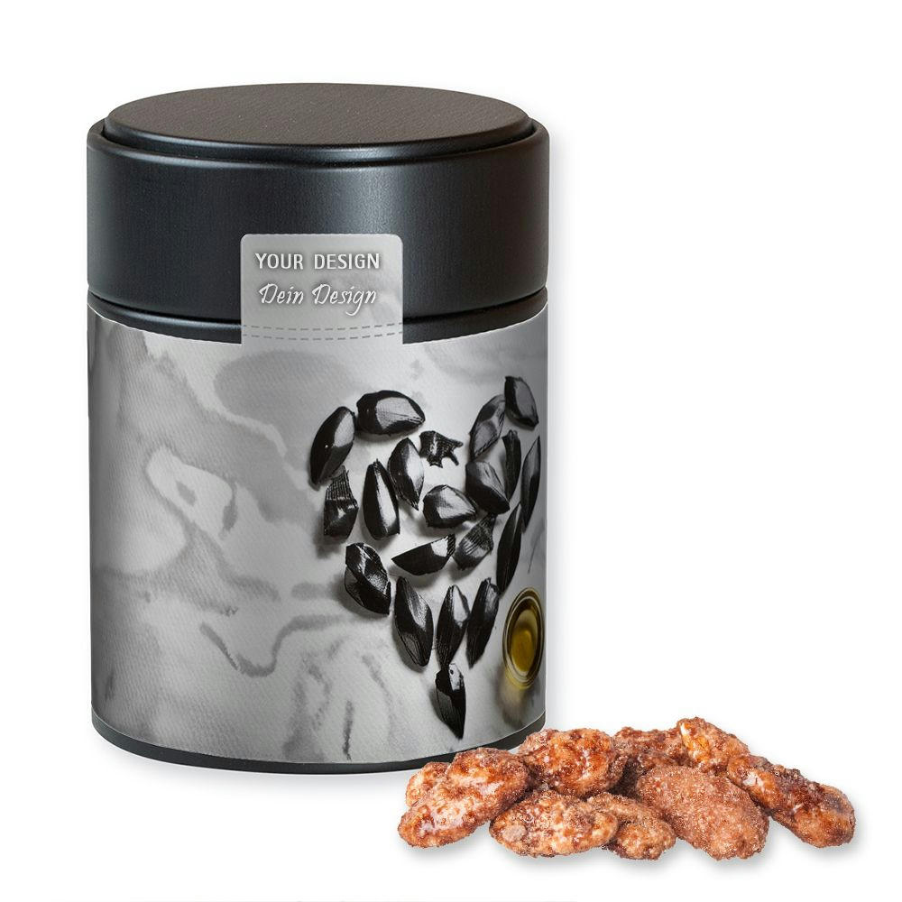 Product image Feuergebrannte Mandeln, ca. 100g, Metalldose Midi schwarz Werbeartikel