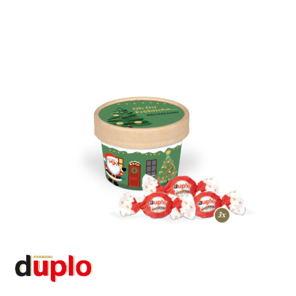Product image Runder Papierbecher Christmas Paperbox individuell bedruckt mit Firmenlogo, gefüllt mit 3 Stück duplo Knusperlen