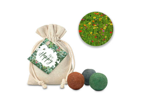 Product image Geschenkartikel / Präsentartikel: Blumenwiese Bee Happy, 3 Saatkugeln im Säckchen Werbeartikel