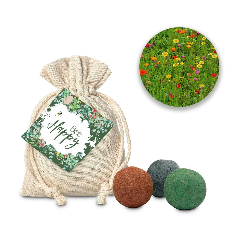 Product image Geschenkartikel / Präsentartikel: Blumenwiese Bee Happy, 3 Saatkugeln im Säckchen Werbeartikel