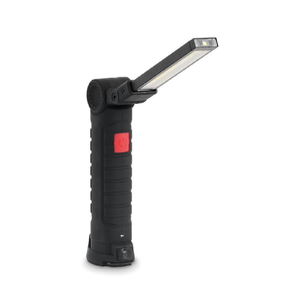 Product image Schwarze Arbeitsleuchte mit abklappbarem LED-Leuchtarm und rotem Schalter – Arbeitsleuchte mit Logo