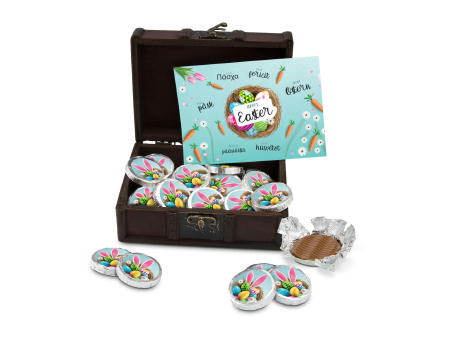 Geschenkartikel / Präsentartikel: Osterschatz, Schatztruhe mit 24 Vollmilch-Dublonen Werbeartikel
