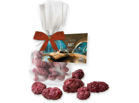 Product image Gebrannte Mandeln Himbeere, ca. 30g, Express Flachbeutel mit Schleife mit Werbekarte bedrucken