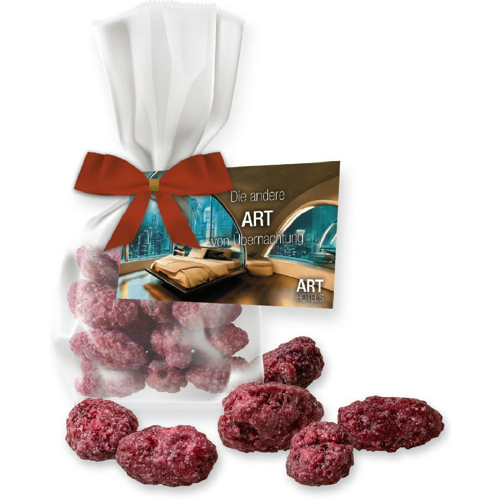 Product image Gebrannte Mandeln Himbeere, ca. 30g, Express Flachbeutel mit Schleife mit Werbekarte Werbeartikel