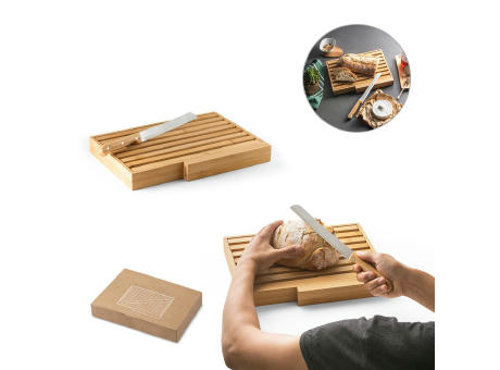 PASSARD. Brotbrett aus Bambus mit Messer aus Edelstahl Werbeartikel