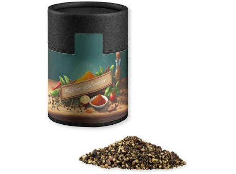 Pfeffer geschrotet, ca. 65g, Kraftpapierdose Midi schwarz Werbeartikel