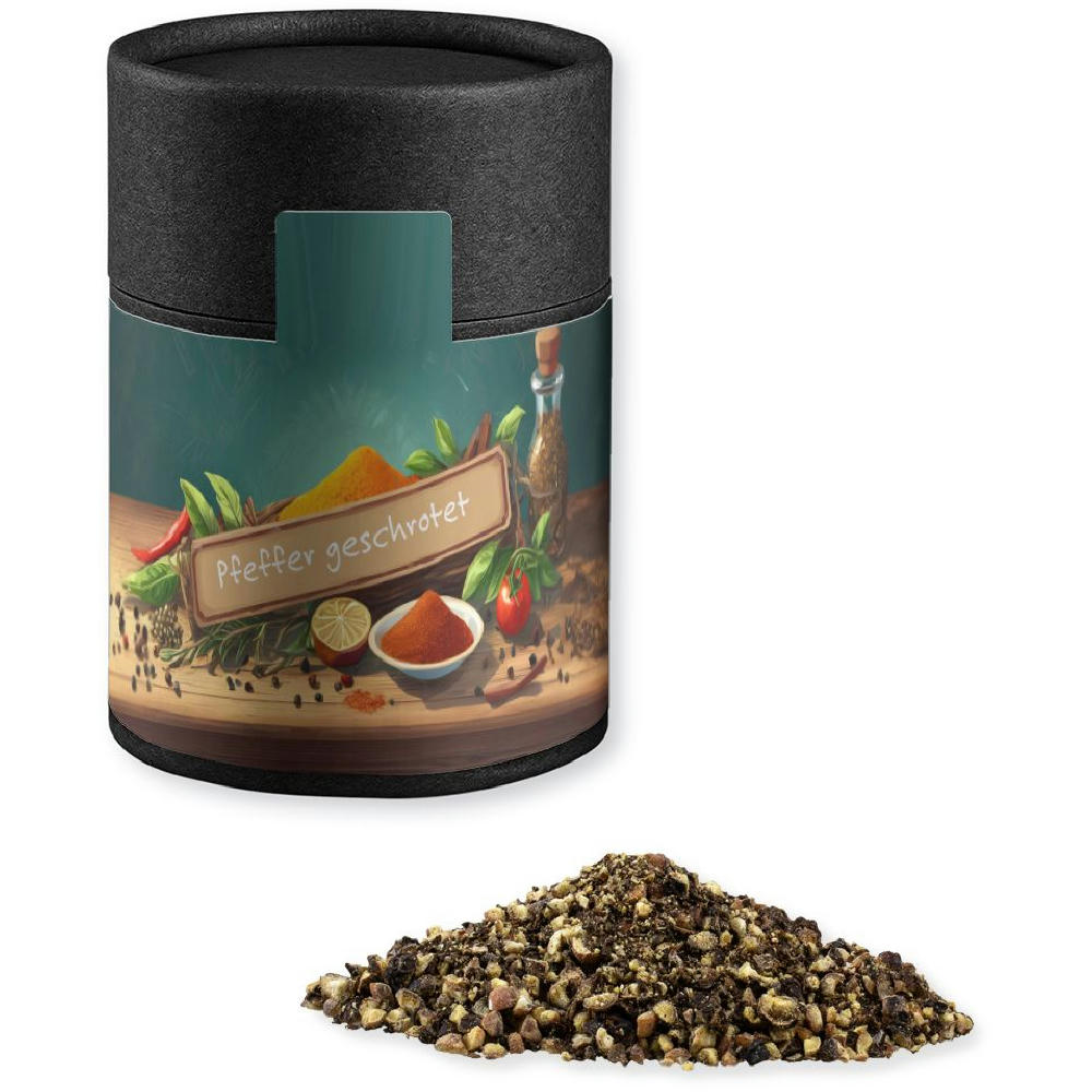Product image Pfeffer geschrotet, ca. 65g, Kraftpapierdose Midi schwarz Werbeartikel