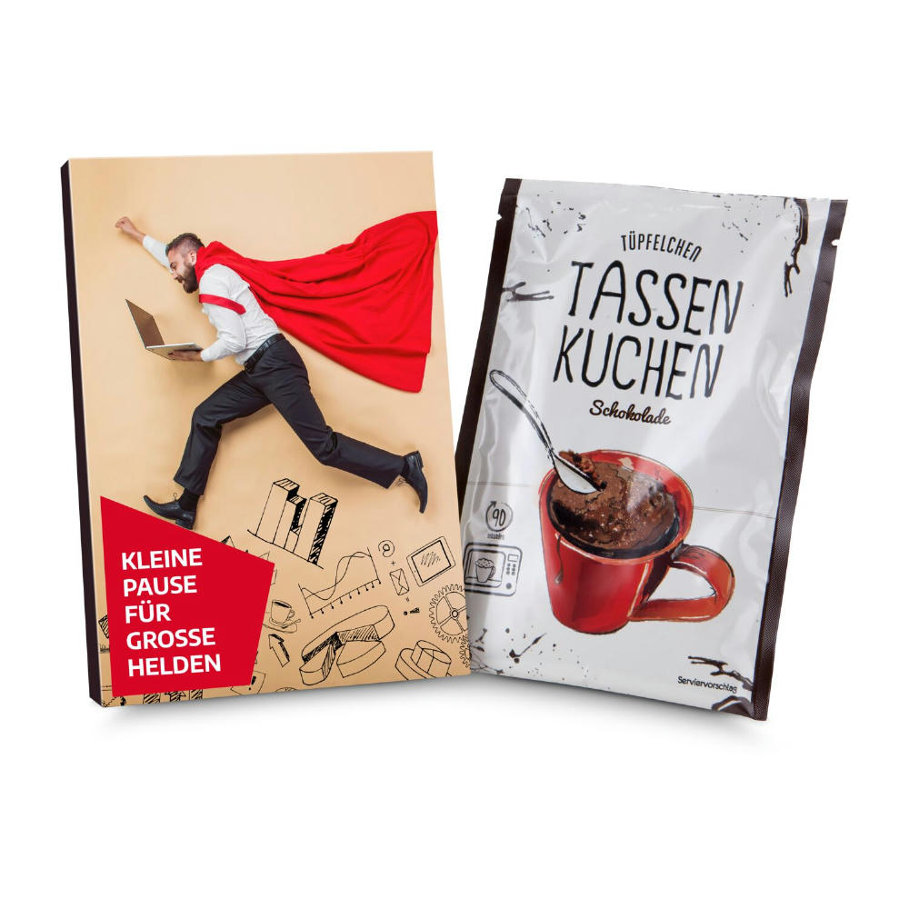 Product image Geschenkartikel / Präsentartikel: Tassenkuchen Schokolade 70 g, Pause für große Bürohelden Werbeartikel
