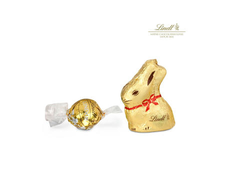 Geschenkartikel / Präsentartikel: Goldenes Ostersäckchen mit Lindt Goldhase und Lindorkugel bedrucken