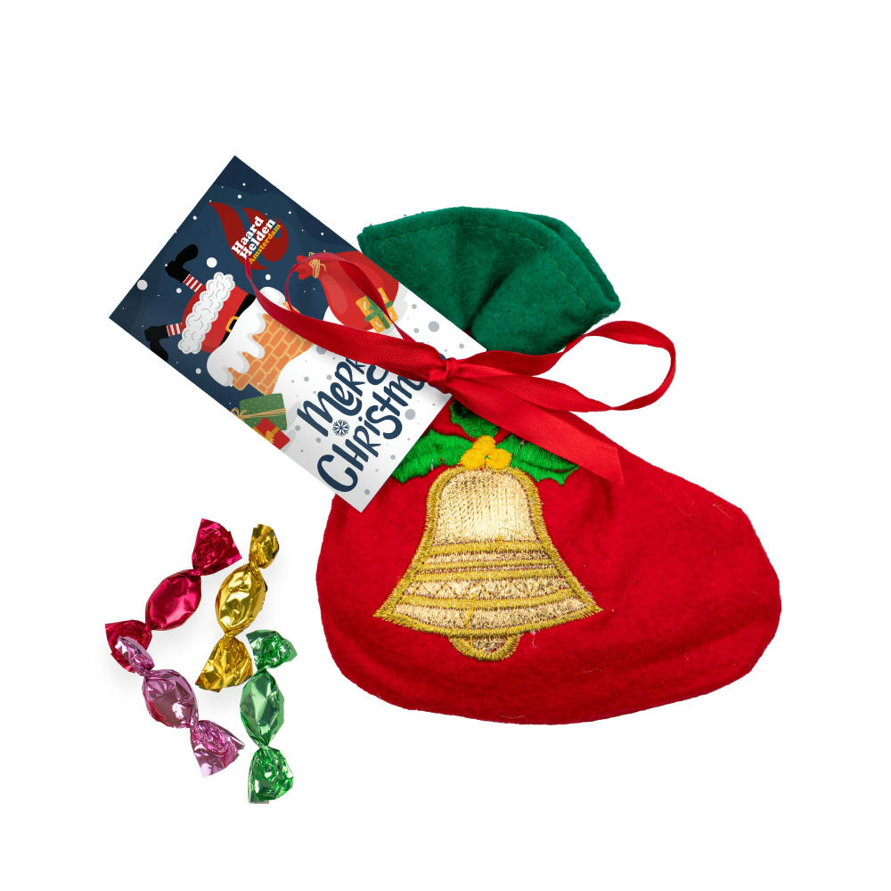 Product image Stoff-Weihnachtssocke gefüllt mit 50 Gramm Bonbons Werbeartikel