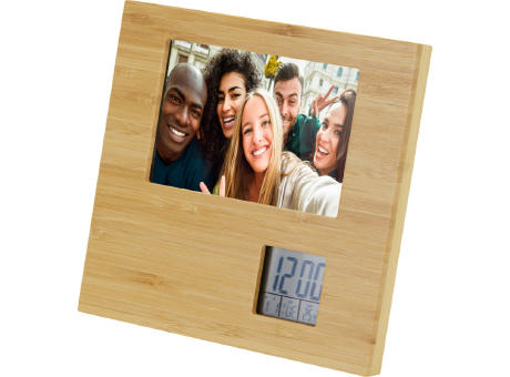 Sasa Bambus Fotorahmen Tischuhr mit Thermometer Werbeartikel