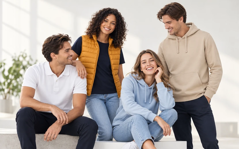 Vier Personen in Poloshirt, T-Shirt, Hoodie und Steppweste als Beispiele für individuell veredelbare Werbetextilien.