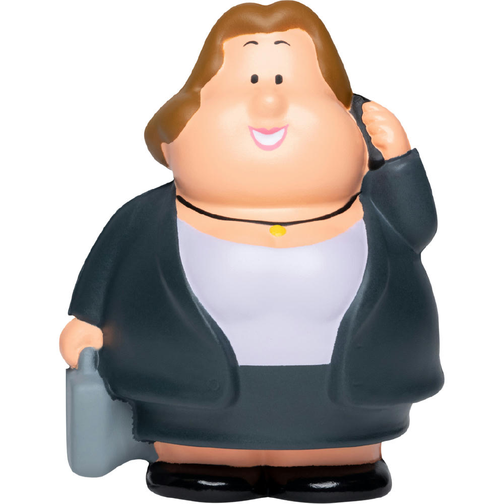 Busy Berta im Blazer mit Telefon am Ohr und Tasche – Anti-Stress-Figur als Werbeartikel für Business-Kundinnen