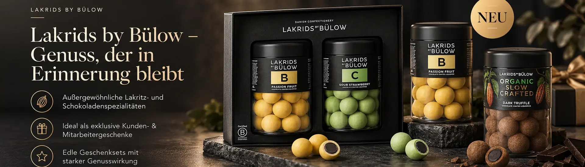 Lakrids by Bülow neu im Sortiment – exklusive Lakritz- und Schokoladenspezialitäten als Geschenksets für Kunden und Mitarbeiter
