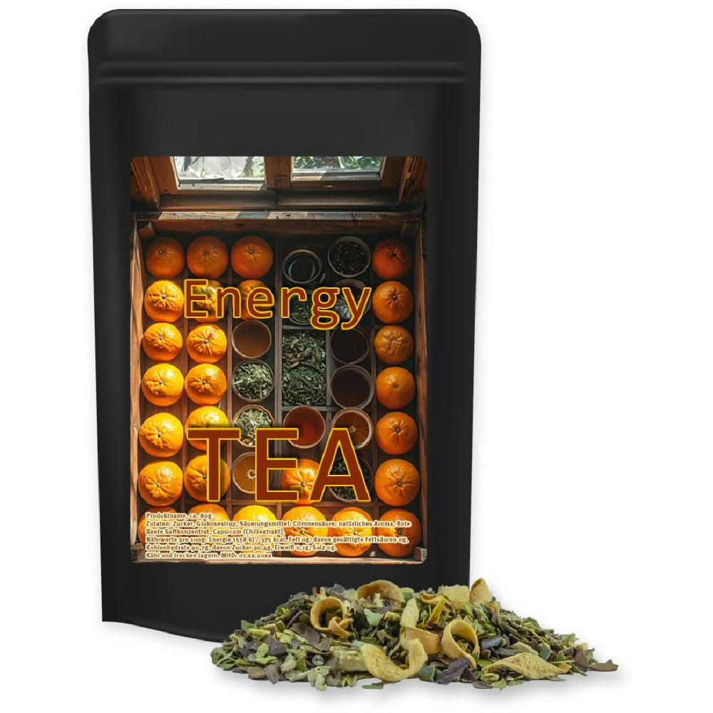 Product image Matetee Orange, ca. 35g, Standbeutel Midi schwarz Werbeartikel