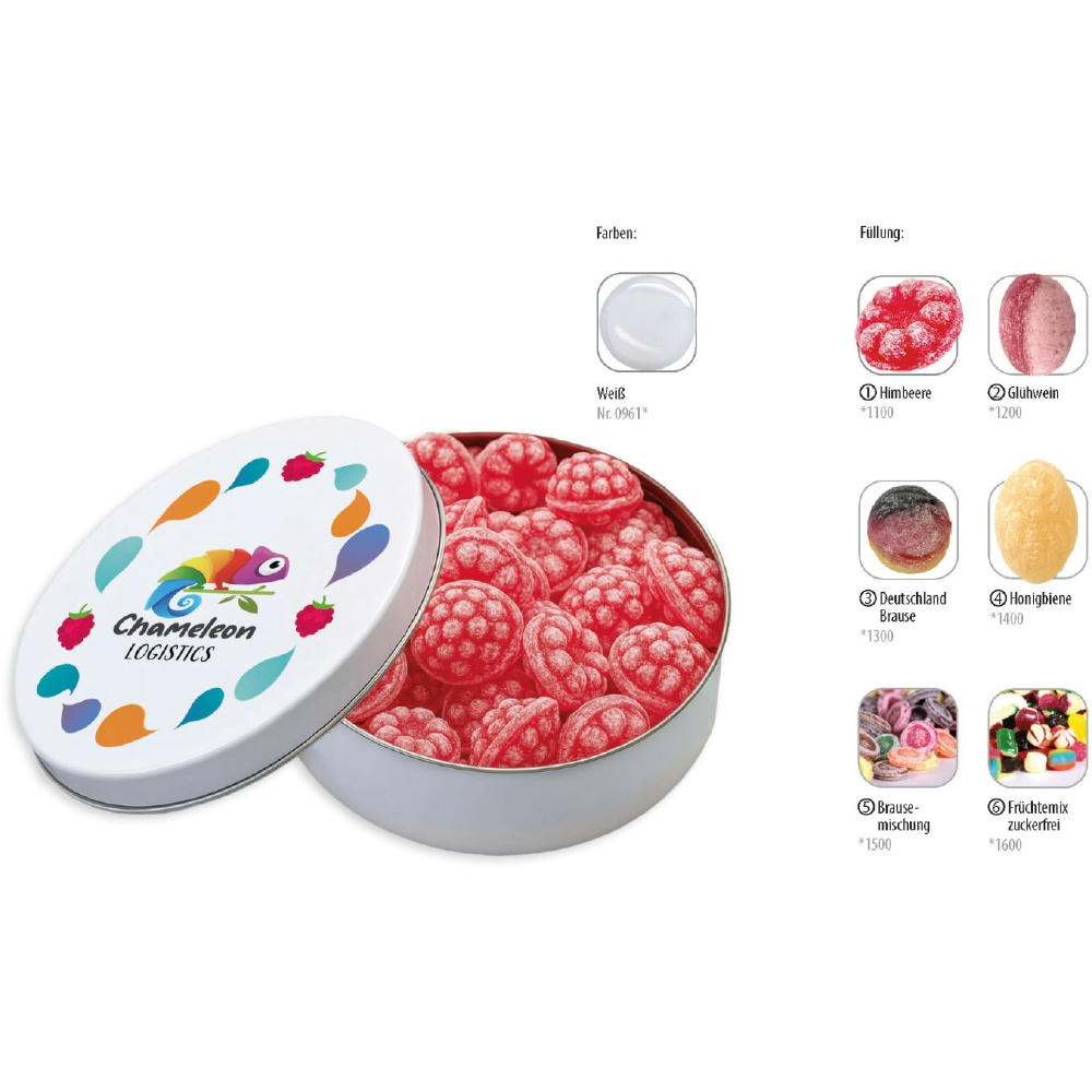 Runddose 99, weiß 120 g, Inhalt: Bonbons Deutschland Brause Werbeartikel