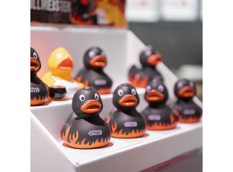 Quietsche-Ente Flammen mit Slogan Auftragsgriller Werbeartikel