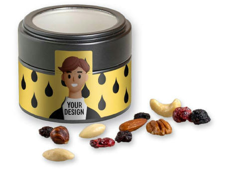 Premium Studentenfutter, ca. 60g, Metalldose Mini mit Sichtfenster schwarz Werbeartikel