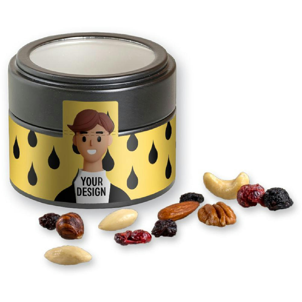 Product image Premium Studentenfutter, ca. 60g, Metalldose Mini mit Sichtfenster schwarz Werbeartikel