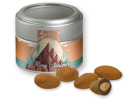 Product image Schokomandeln mit Zimt, ca. 60g, Metalldose Mini mit Sichtfenster silber bedrucken