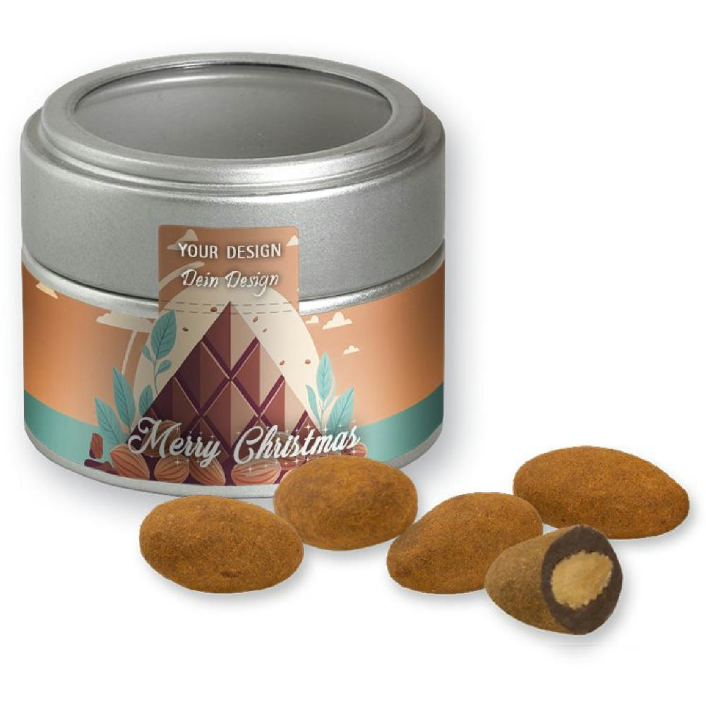 Product image Schokomandeln mit Zimt, ca. 60g, Metalldose Mini mit Sichtfenster silber Werbeartikel