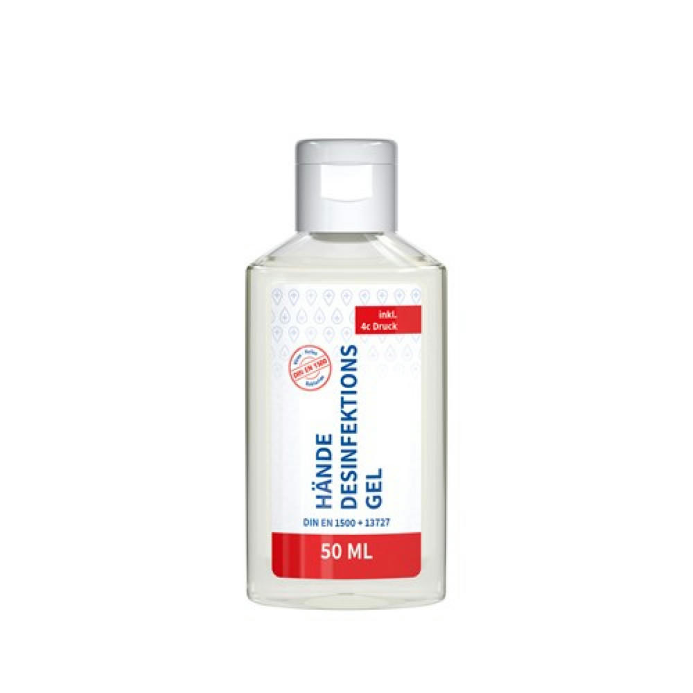 50 ml Flasche - Hände-Desinfektionsgel (DIN EN 1500) - Body Label Werbeartikel