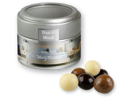 Product image Knusperkugeln-Mix, ca. 45g, Metalldose Mini mit Sichtfenster silber Werbeartikel