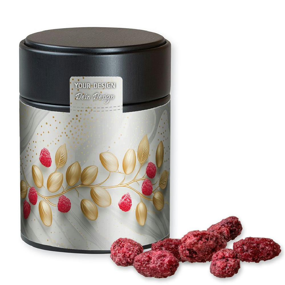Product image Gebrannte Mandeln Himbeere, ca. 100g, Metalldose Midi schwarz Werbeartikel