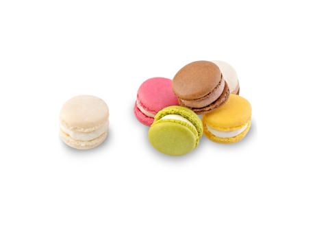 Geschenkartikel / Präsentartikel: Macaron-Stange mit Schleifen - sechs bunte Macarons (60 g) Werbeartikel