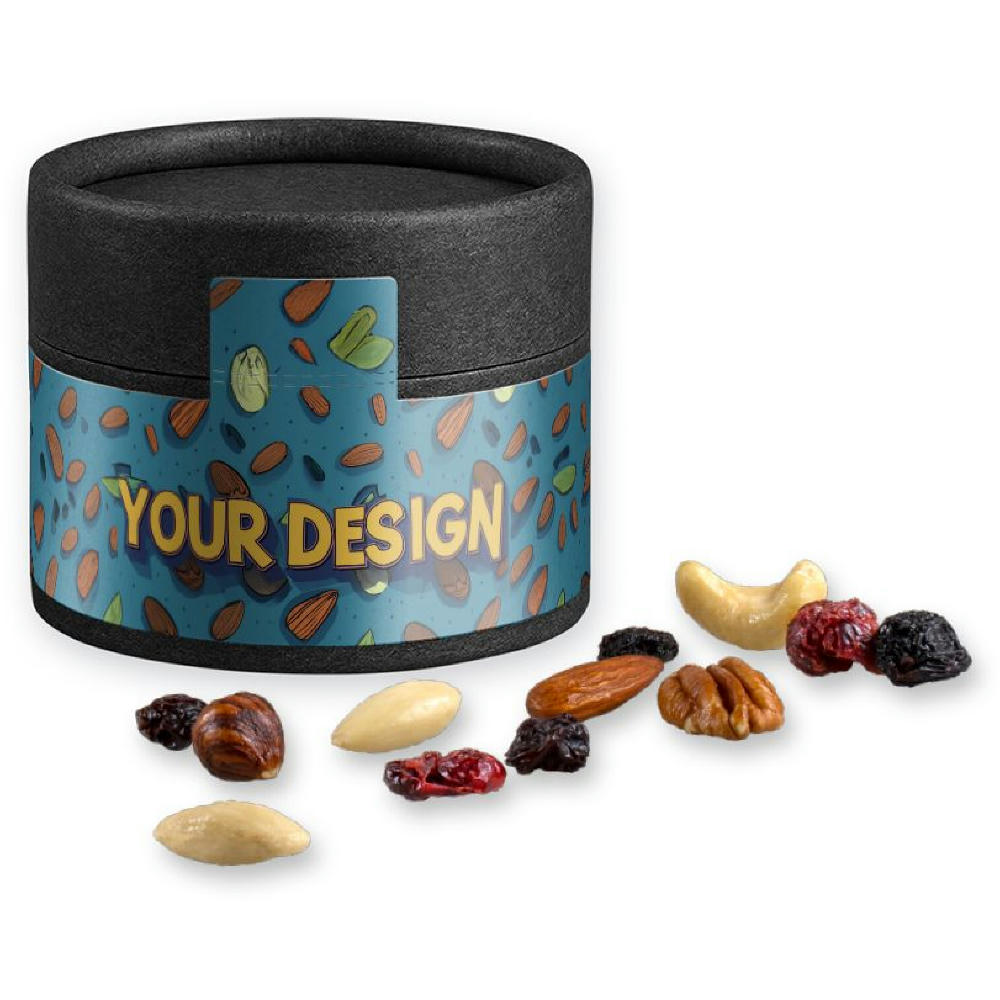 Product image Premium Studentenfutter, ca. 40g, Kraftpapierdose Mini schwarz Werbeartikel