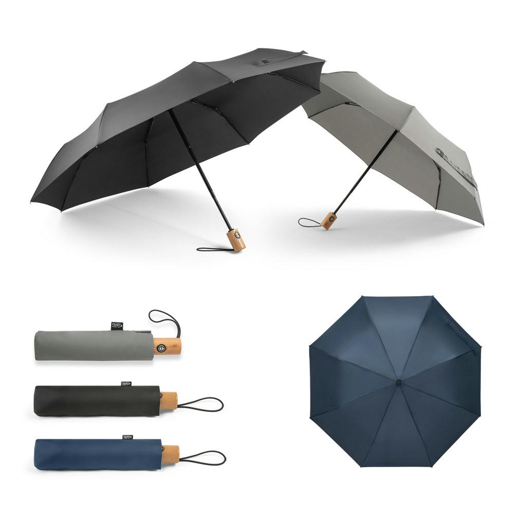 Product image RIVER. Faltbarer Regenschirm aus recyceltem Polyester (100% rPET) 190T Pongé mit automatischer Öffnung und Schließung Werbeartikel