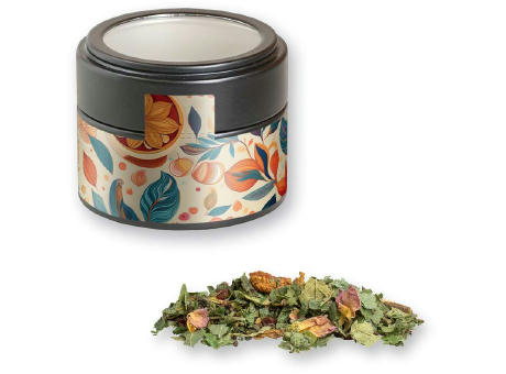 Product image Kräutertee Glücksgefühle, ca. 15g, Metalldose Mini mit Sichtfenster schwarz Werbeartikel