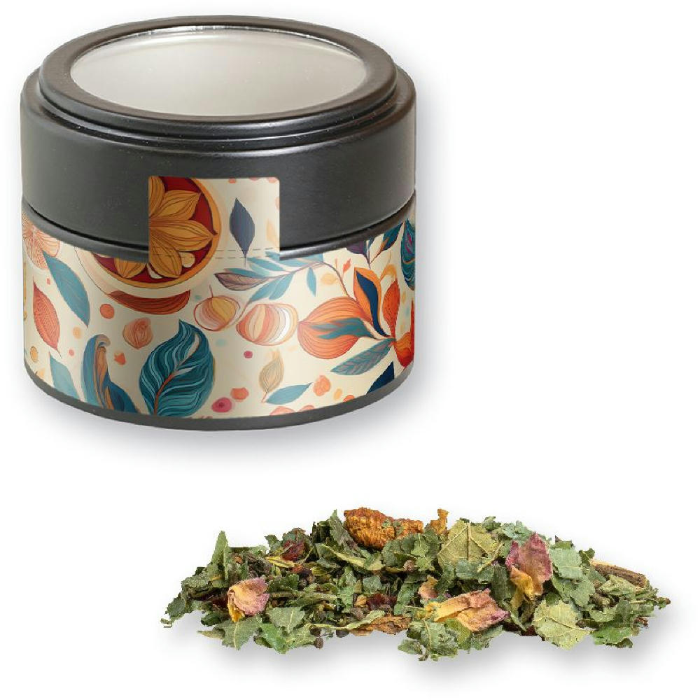 Product image Kräutertee Glücksgefühle, ca. 15g, Metalldose Mini mit Sichtfenster schwarz Werbeartikel